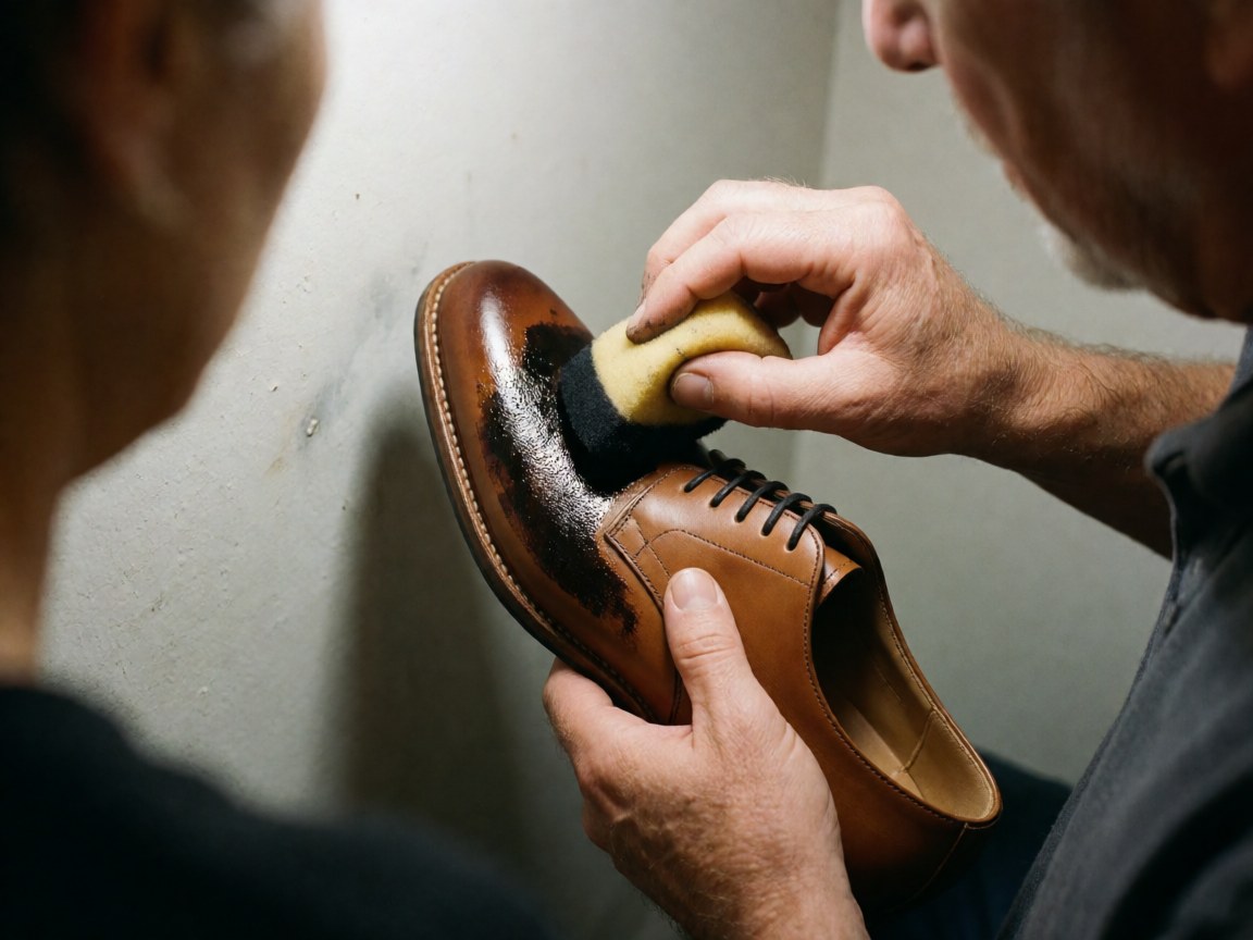 Close-up of a hand using a tool to apply dark dye to a leather shoe on a light gray wall.