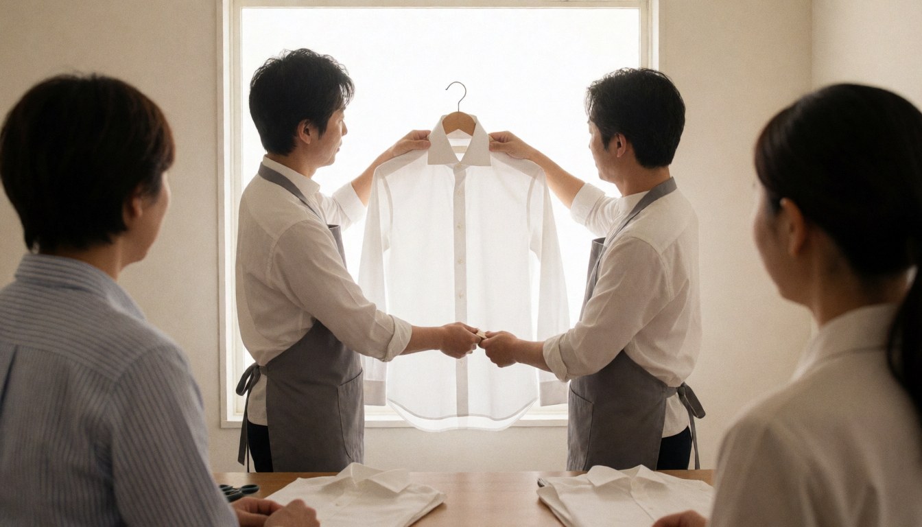 Two tailors hold up a white shirt with an italian collar in front of a window to show their repair work.