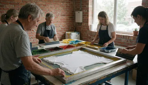 Team members screen printing t-shirts on a table in a workshop with exposed brick walls and natural light.