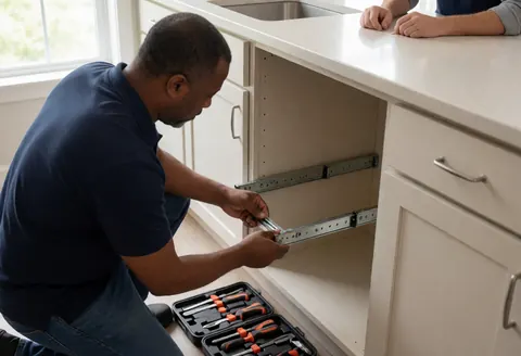 Technician installs metal slides into a white kitchen cabinet with tools visible in an open box under natural light during furniture assembly.