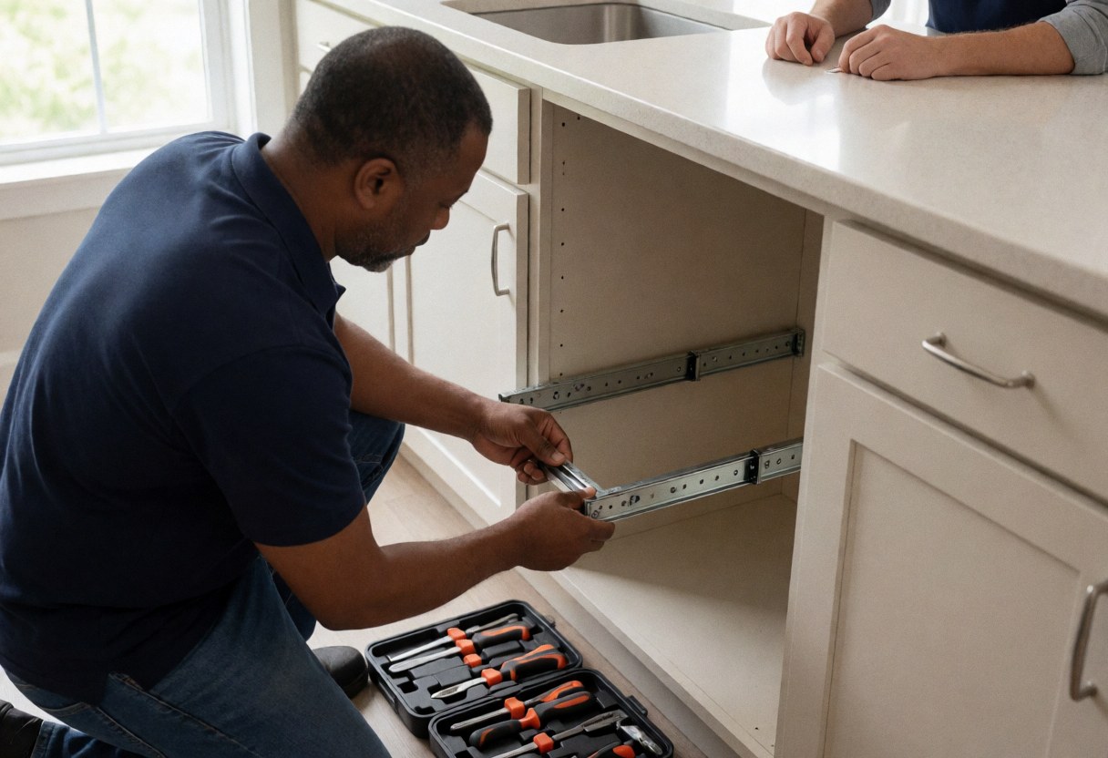Technician installs metal slides into a white kitchen cabinet with tools visible in an open box under natural light during furniture assembly.