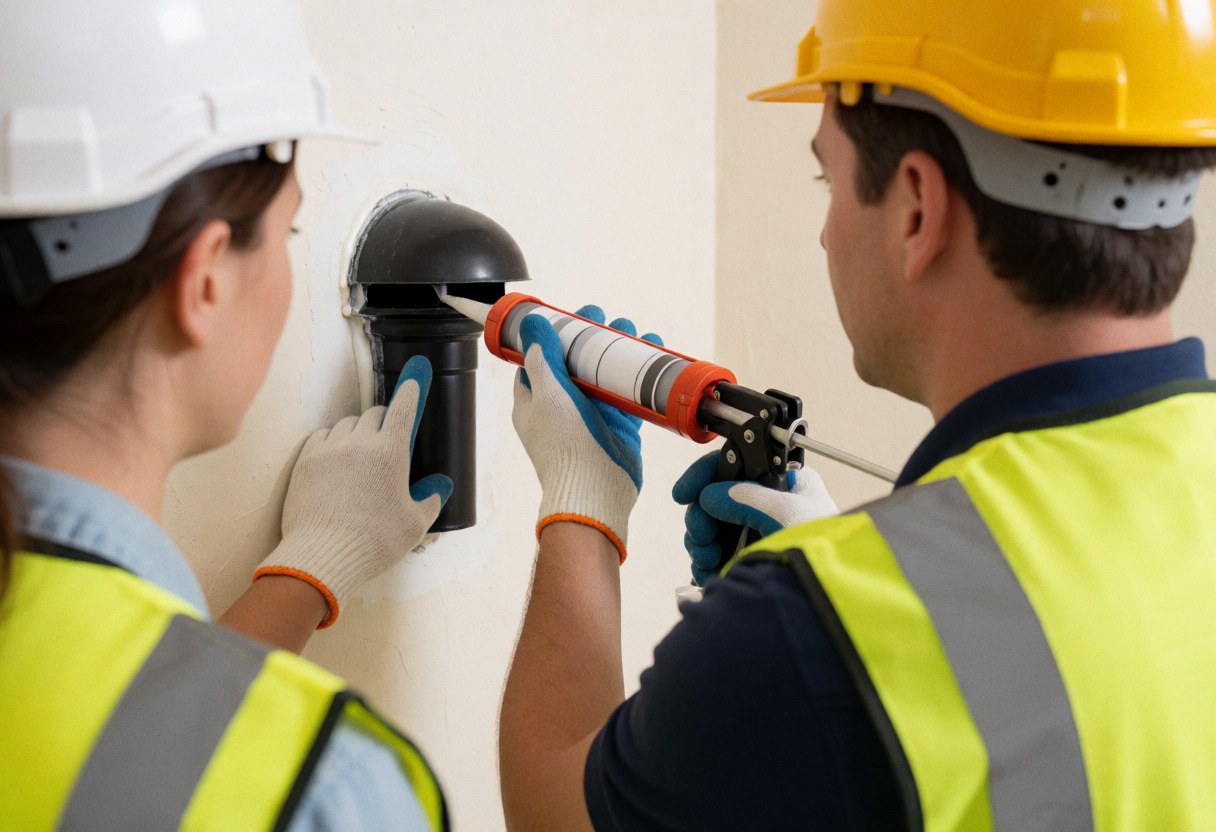 Two workers in safety gear apply sealant to a black ventilation pipe on a white wall during roof repair work.