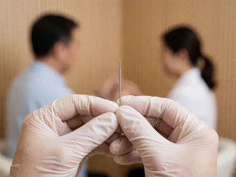 Close-up of gloved hands holding an acupuncture needle in a clinical setting with light wood walls and a blurred background.