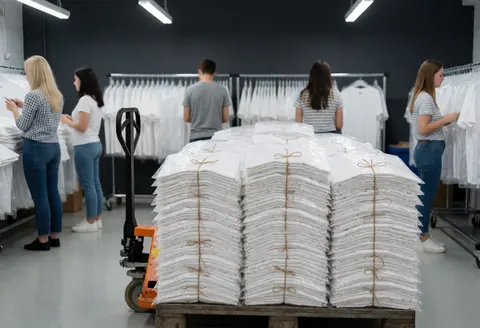 Piles of white t-shirts wrapped in plastic and tied with rope prepared for apparel customization service.