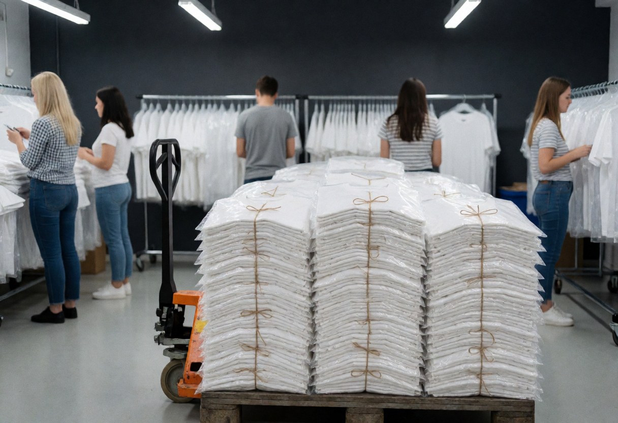 Piles of white t-shirts wrapped in plastic and tied with rope prepared for apparel customization service.