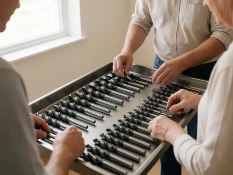 Close-up view of hands choosing drill bits from a metal tray in a well-lit workshop environment for tool repair.