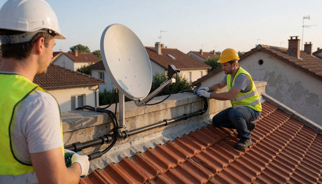 Two antenna technicians mount a satellite dish on a terracotta tile roof while connecting cables in black conduit.