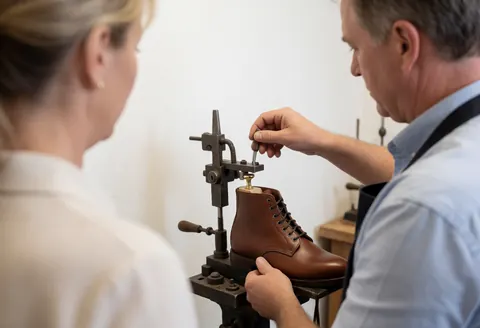 Cobbler uses a tool to adjust a brown boot while a customer watches in a workshop with a white wall.