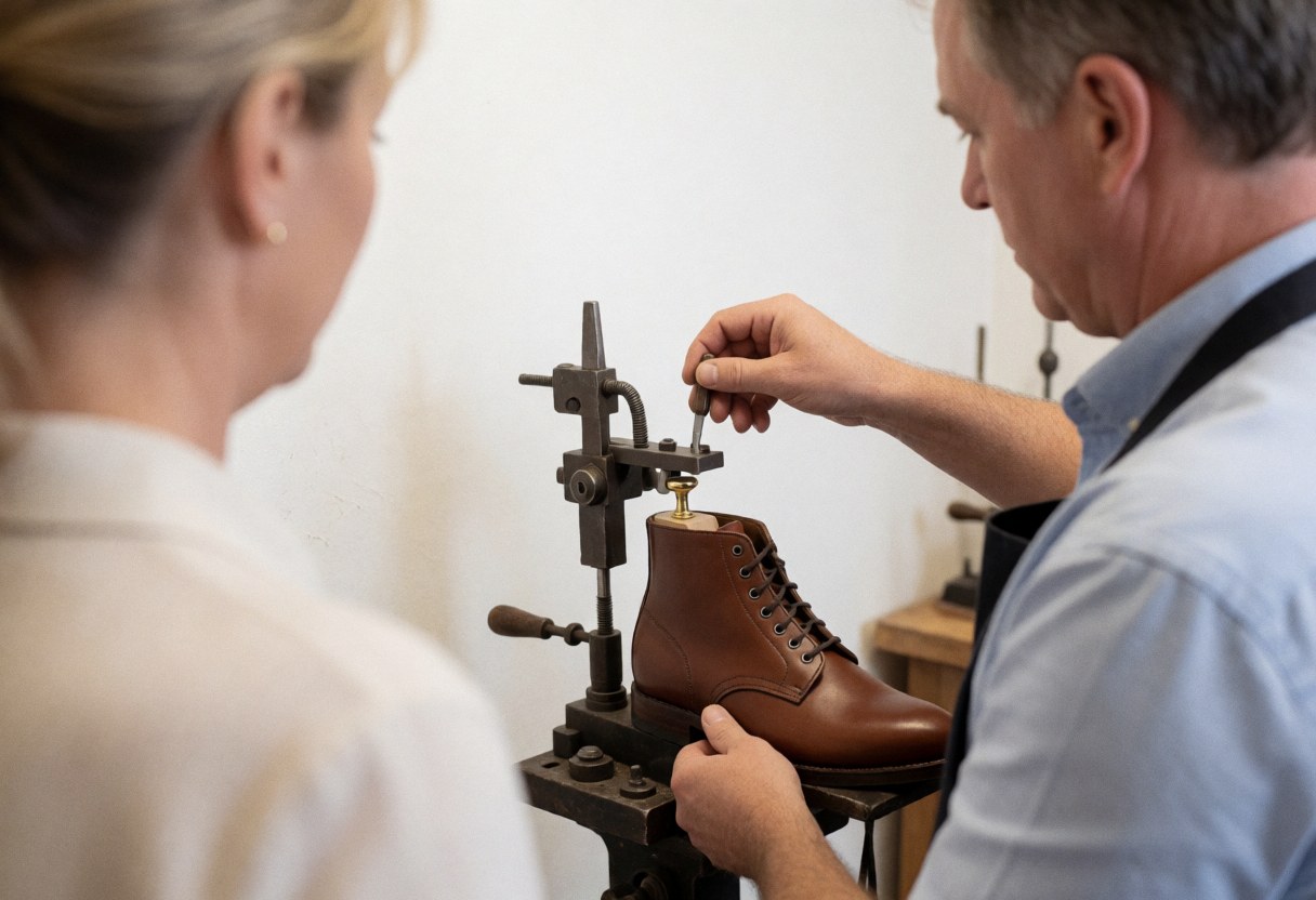 Cobbler uses a tool to adjust a brown boot while a customer watches in a workshop with a white wall.