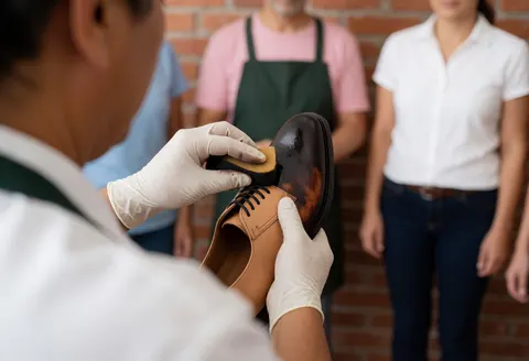 A cobbler wearing gloves applies color to a leather shoe in a workshop with brick walls.