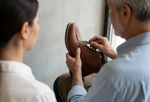 A cobbler applies repair compound to a brown leather boot in a workshop with natural light and concrete walls.