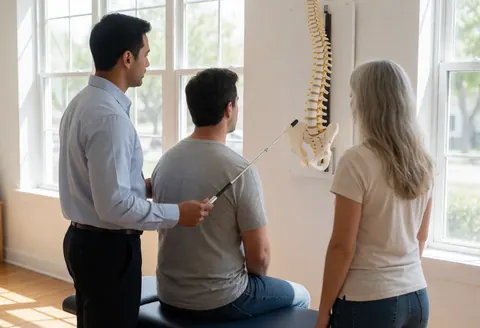 A therapist uses a pointer stick to indicate specific areas on a spinal column model while a patient and client observe in a naturally lit clinical setting.