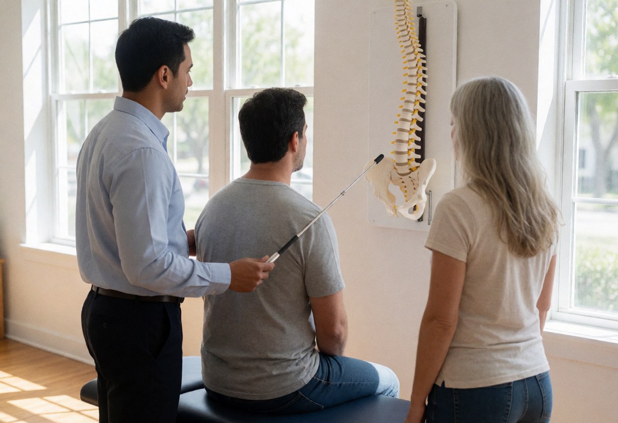 A therapist uses a pointer stick to indicate specific areas on a spinal column model while a patient and client observe in a naturally lit clinical setting.