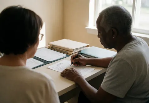 Professional physiotherapist signing a form on a clean desk in a consultation room with beige walls and natural light.