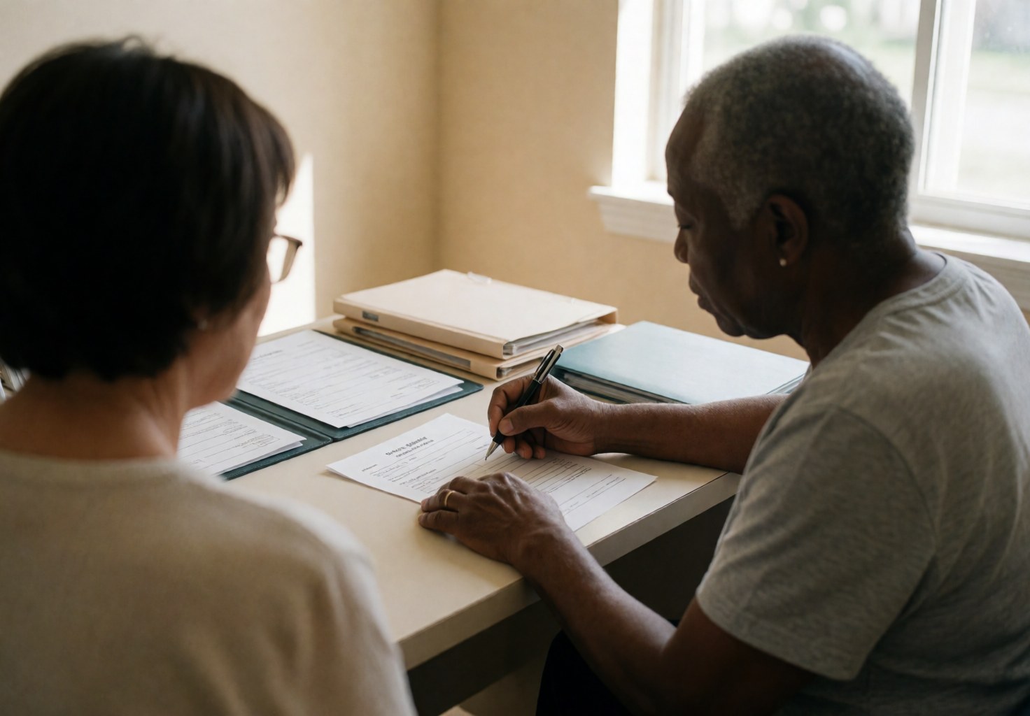 Professional physiotherapist signing a form on a clean desk in a consultation room with beige walls and natural light.