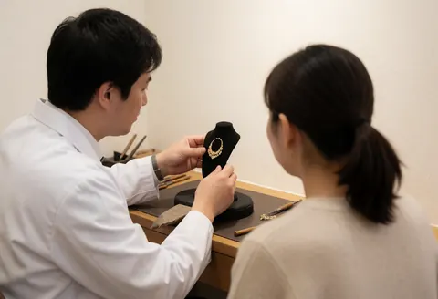 Jeweler displays gold necklace on black mannequin in workshop with tools on wooden table