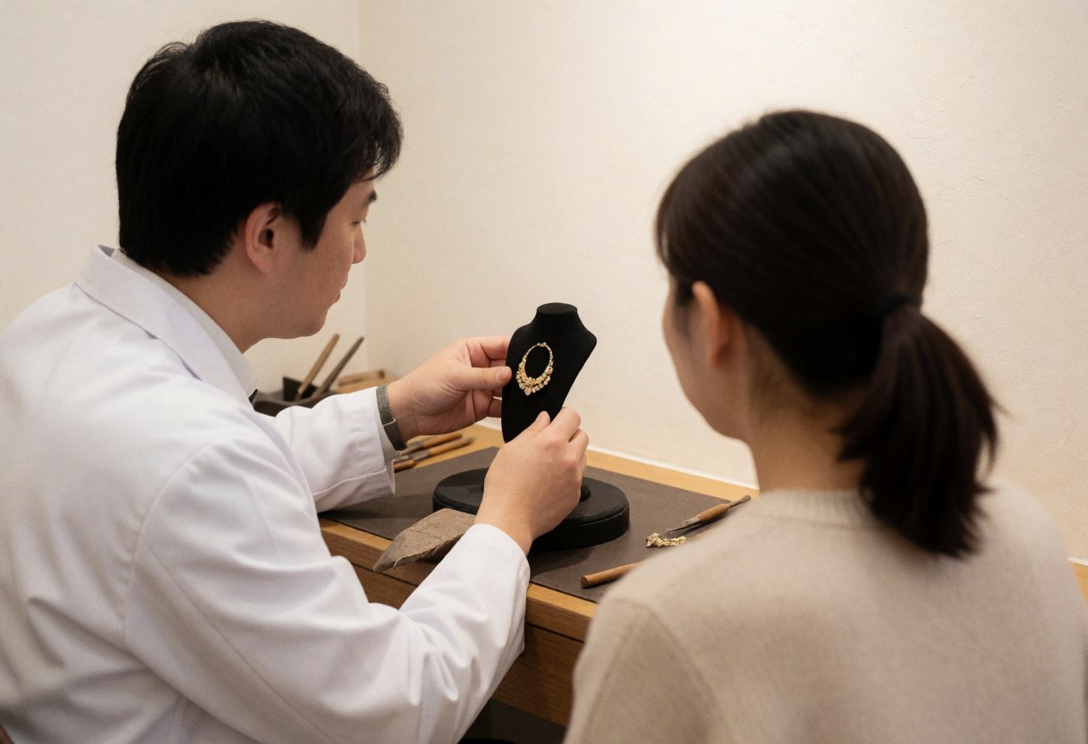 Jeweler displays gold necklace on black mannequin in workshop with tools on wooden table