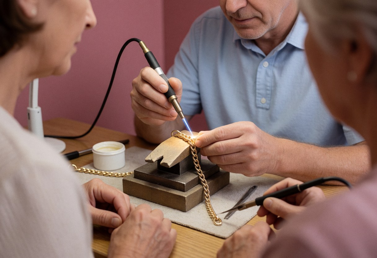Close-up of a jeweler using a micro-torch to solder a gold chain on a block while customers watch in the workshop.