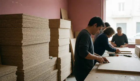 Workers cutting particle board panels with tools in a workshop with pink walls and natural light