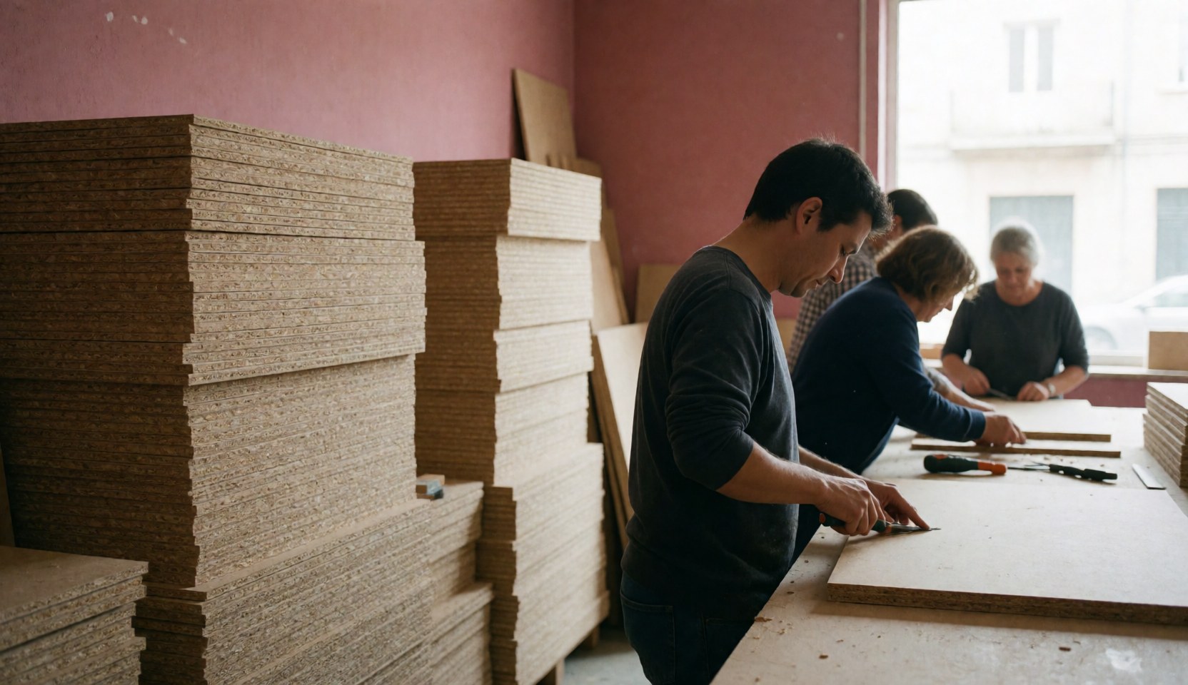 Workers cutting particle board panels with tools in a workshop with pink walls and natural light