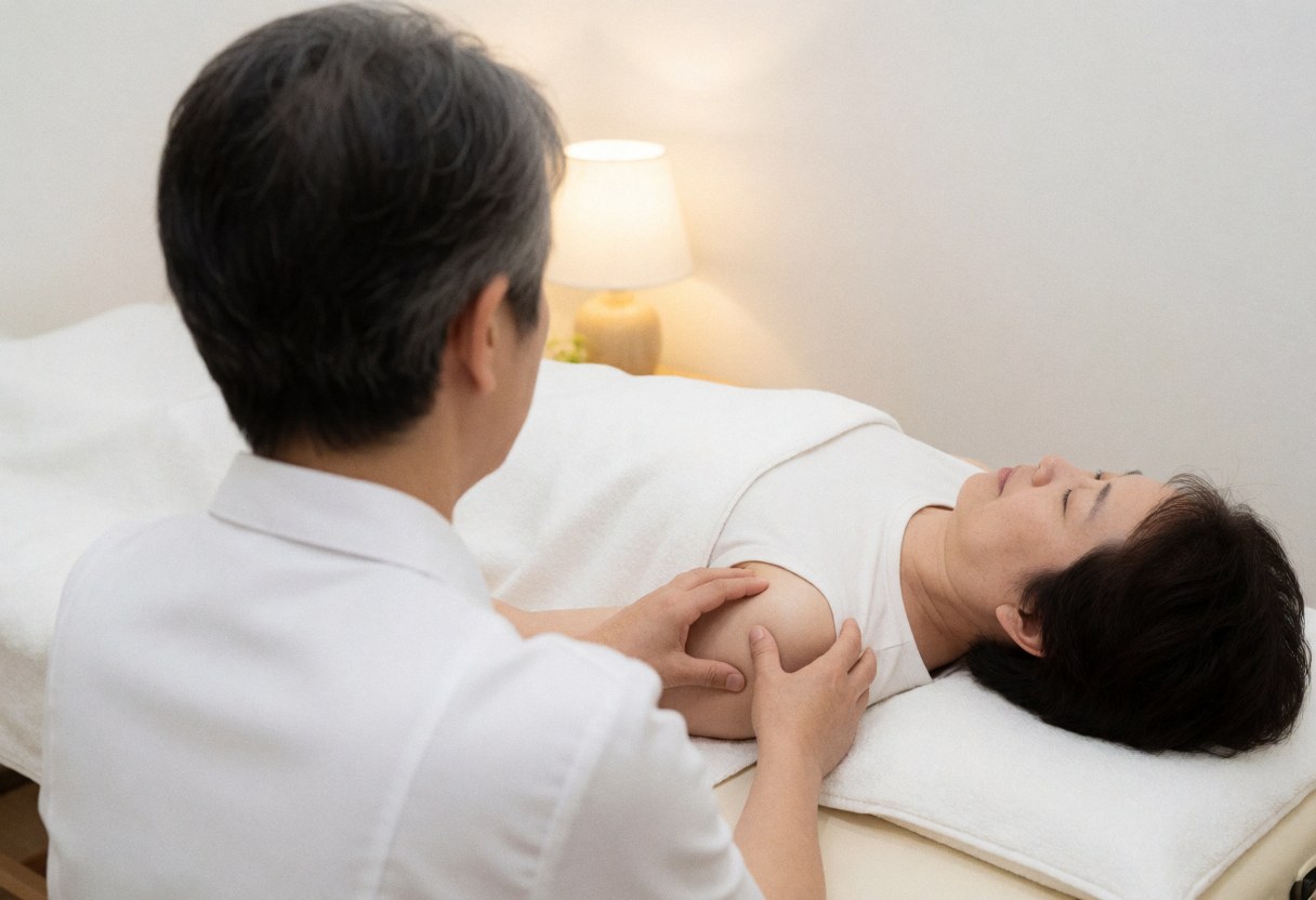 Professional chiropractor applying therapeutic pressure to a client's shoulder during a relaxing massage session in a bright clinic.