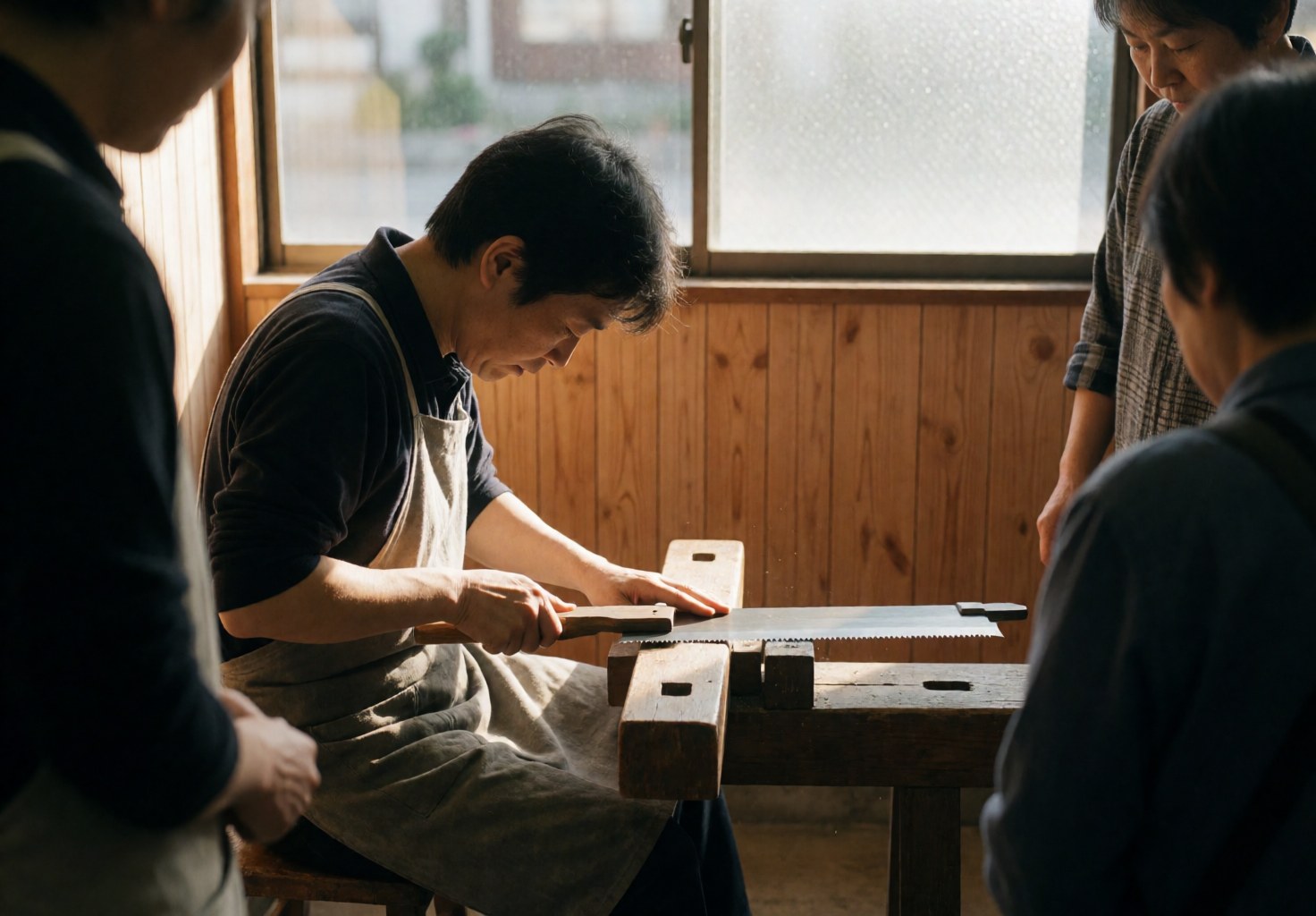 A technician sharpening the teeth of a Japanese saw in a workshop with wooden walls and window light, providing tool repair service.