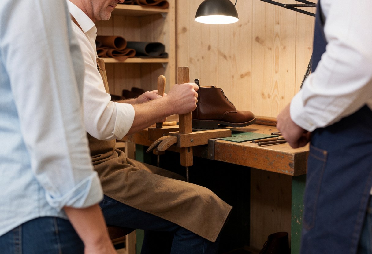 Shoe repair service in action using a wooden last in a workshop with wood walls and leather shelves