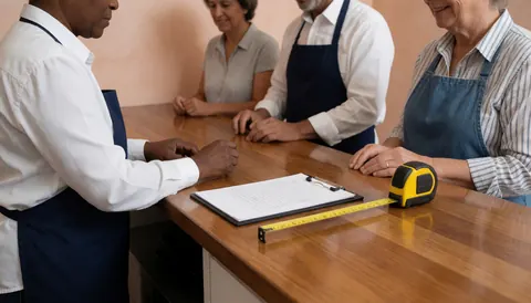 Cobbler measuring a shoe with a tape measure on a polished wooden table in a terracotta walled shop.