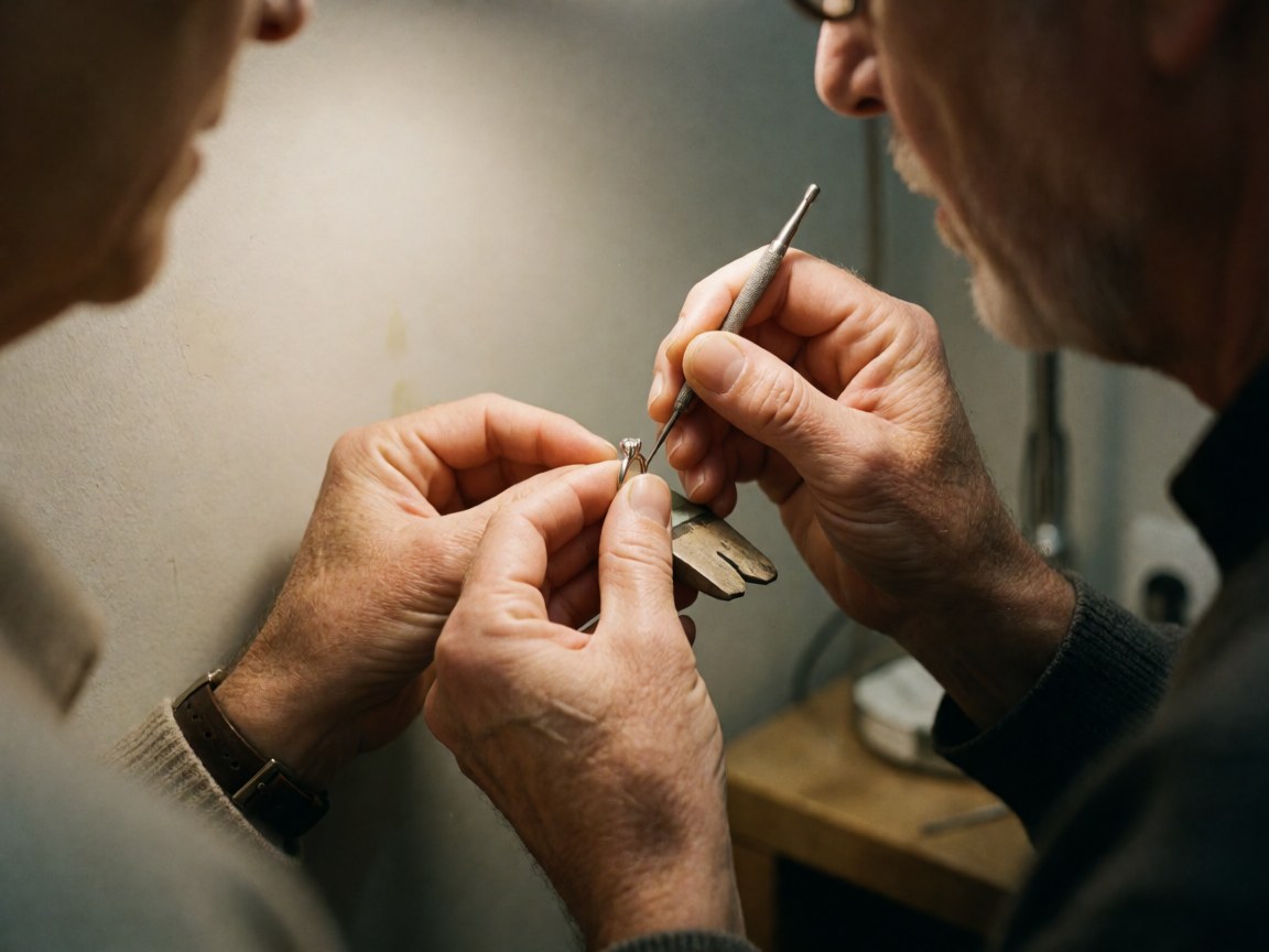 Close-up of jeweler's hands using a precision tool to adjust a ring prong against a light gray wall.