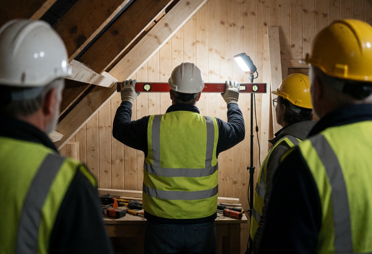 Technician wearing safety gear aligns a new rafter on a wooden roof using a level while colleagues observe nearby.