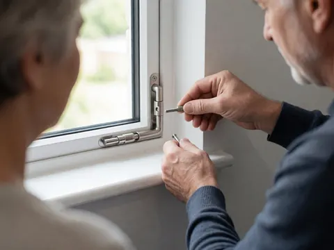 Close-up of a hand using a tool to tighten a metal bolt on a white window frame against a warm gray wall during insulation service.