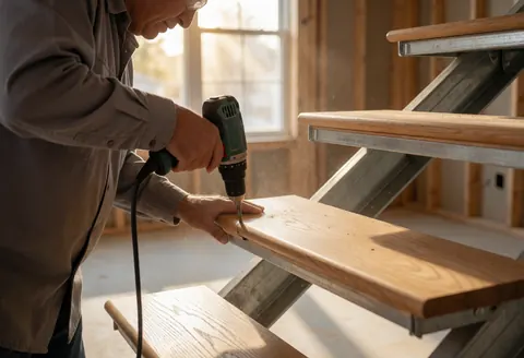 A carpenter installs a wooden step onto a metal staircase frame in a home under construction with sunlight and dust motes visible.