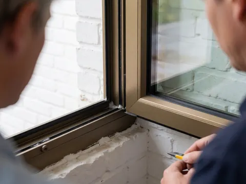 Close-up of a worker using a cutting tool to adjust the weather stripping on an aluminum window frame against a white brick wall.