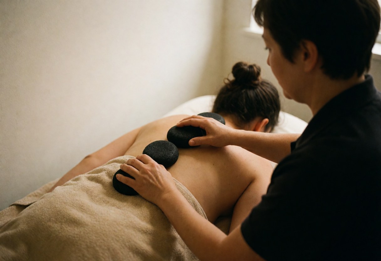 A therapist applies hot stones to a client's back covered by a beige towel in a room with white walls and warm lighting.
