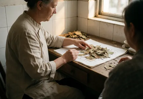A professional displays dried herbal leaves on a diagram atop a wooden table during a traditional medicine consultation with natural window light.
