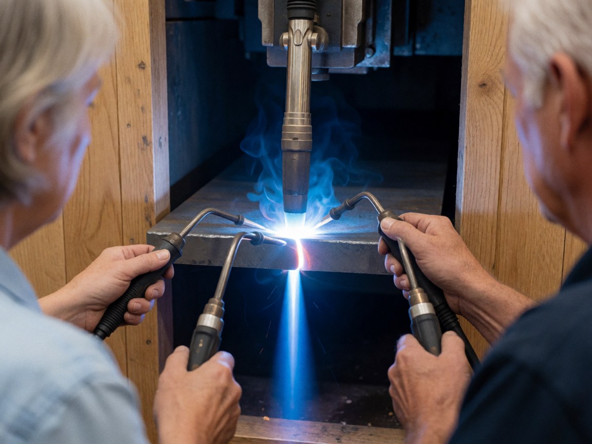 Two plasma welders cutting a steel piece in an industrial workshop with bright blue light and debris.