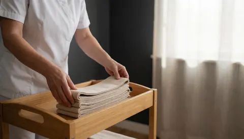 A professional wrinkles beige fabric on a wooden cart in a treatment room with gray walls and natural light.