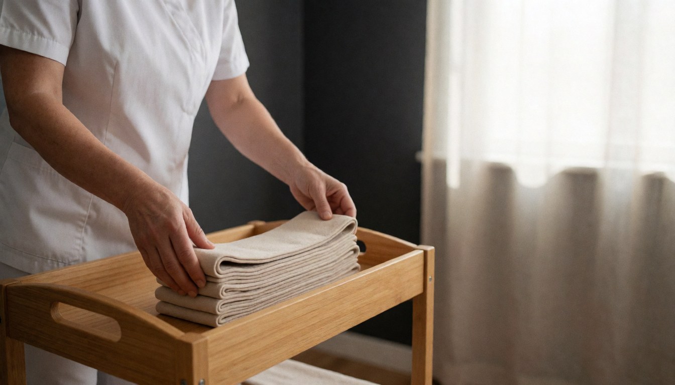 A professional wrinkles beige fabric on a wooden cart in a treatment room with gray walls and natural light.