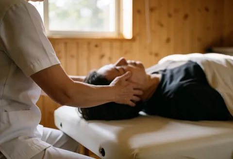 Therapist hands massaging a client's head on a white table in a wooden clinic with natural light.