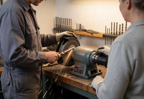 Close-up view of a tool being sharpened using an angle grinder in a workshop setting with visible sparks and metal shavings.
