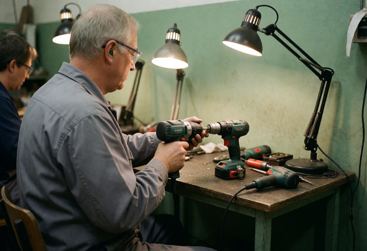 Close-up view of a technician's hands adjusting a drill bit in an electric drill during tool repair service.