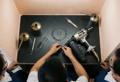 Mechanic taking apart a pneumatic hammer on a black table with parts arranged in a circle, oil, brush, beige walls, and safety glasses.
