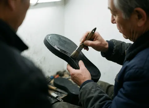 Close-up view of a cobbler's hands using a brush to apply adhesive to the sole of a shoe against a plain white background.