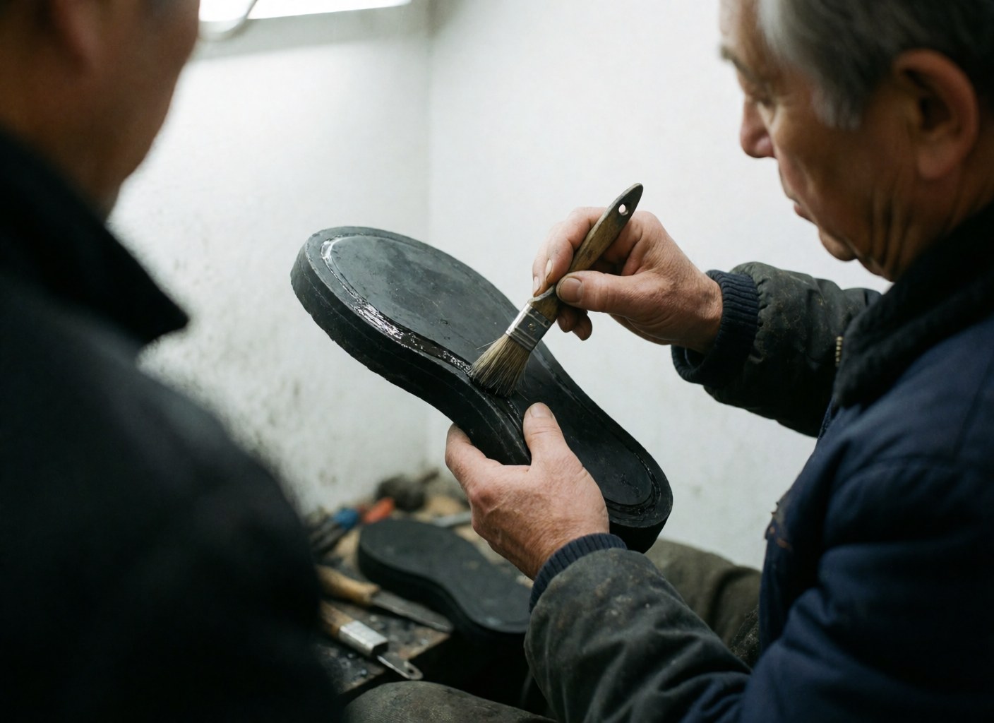 Close-up view of a cobbler's hands using a brush to apply adhesive to the sole of a shoe against a plain white background.