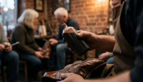 A cobbler applies brown dye to a leather boot in a workshop with warm lighting and visible tools.