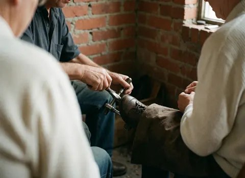 Close-up of cobbler hands using a tool to adjust a leather shoe in a workshop with a red brick wall and natural light.