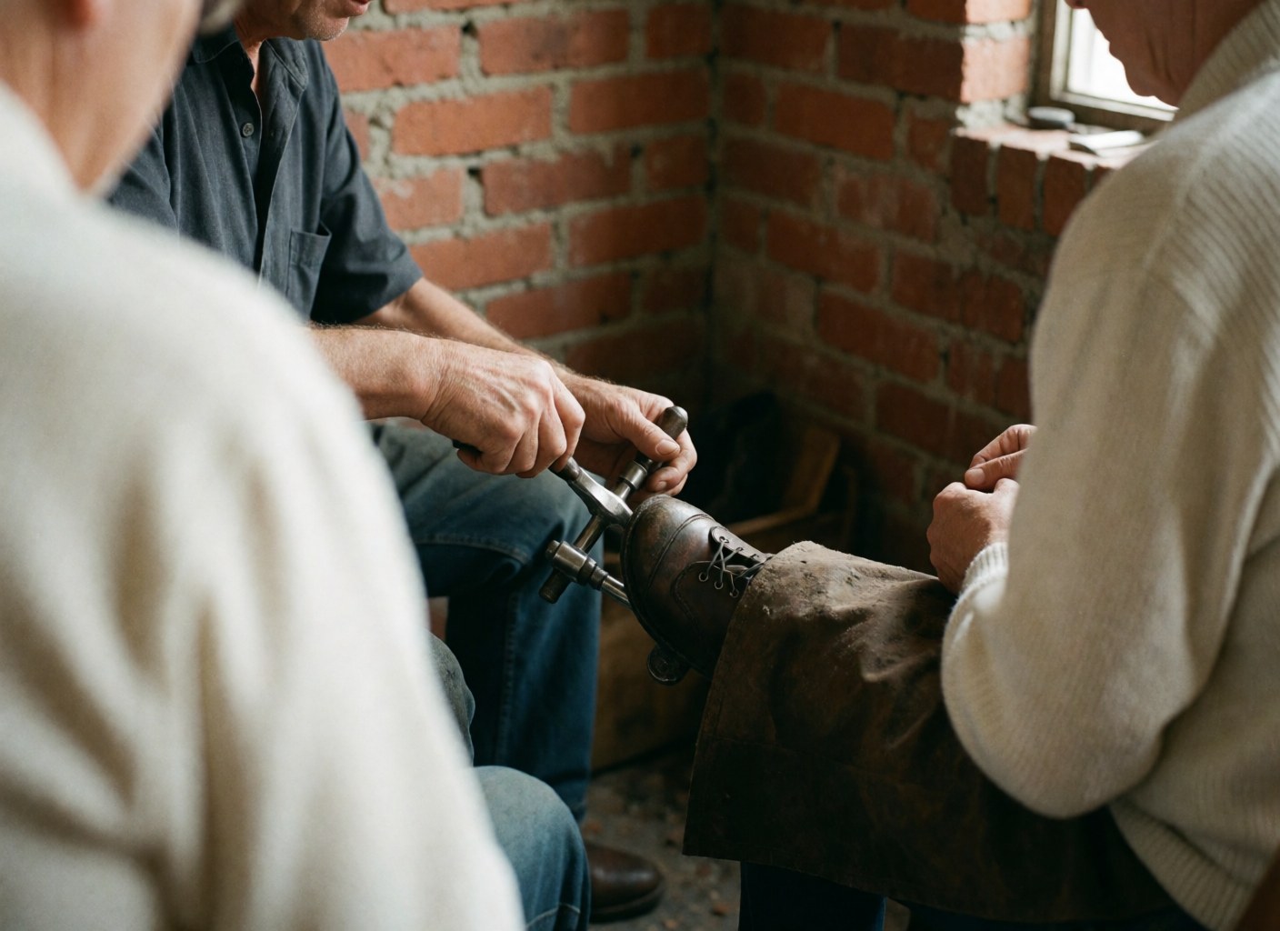 Close-up of cobbler hands using a tool to adjust a leather shoe in a workshop with a red brick wall and natural light.