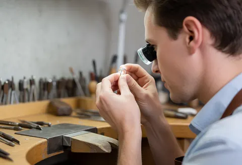 Close-up view of a jeweler using a magnifying loupe to inspect and adjust a ring at a workbench.