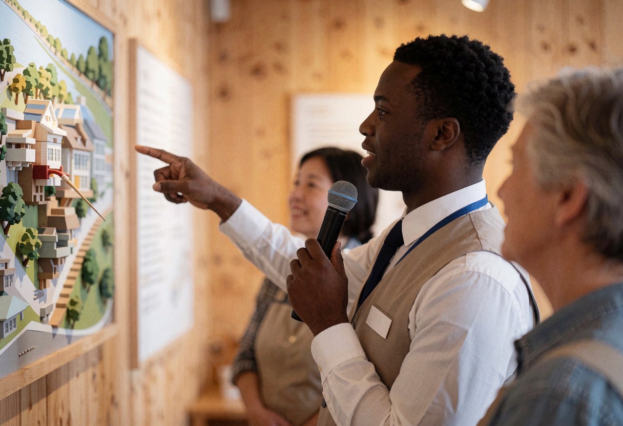 Professional guide holding a microphone points to a 3D theme park model on a wooden wall while clients listen attentively.