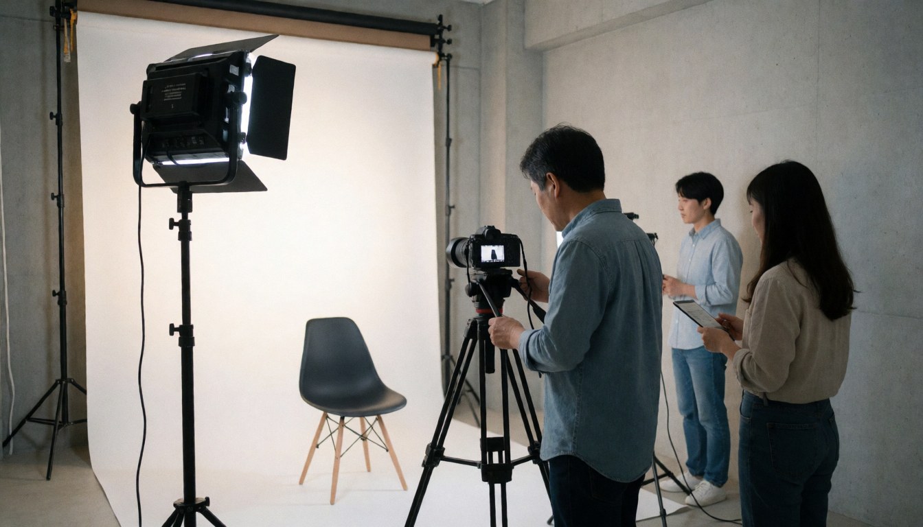 three videographers in a concrete studio with a black chair and LED light ready to record